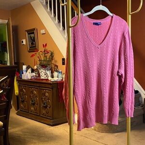 Basic Edition Pink V-Neck Cable Knit Sweater